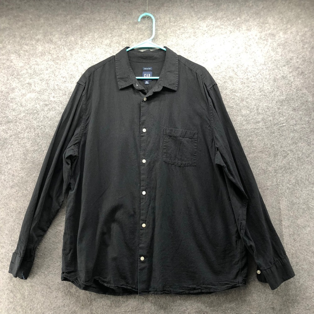 GAP Mens XXL Black Linen Blend Long Sleeve Button Down Shirt Pocket